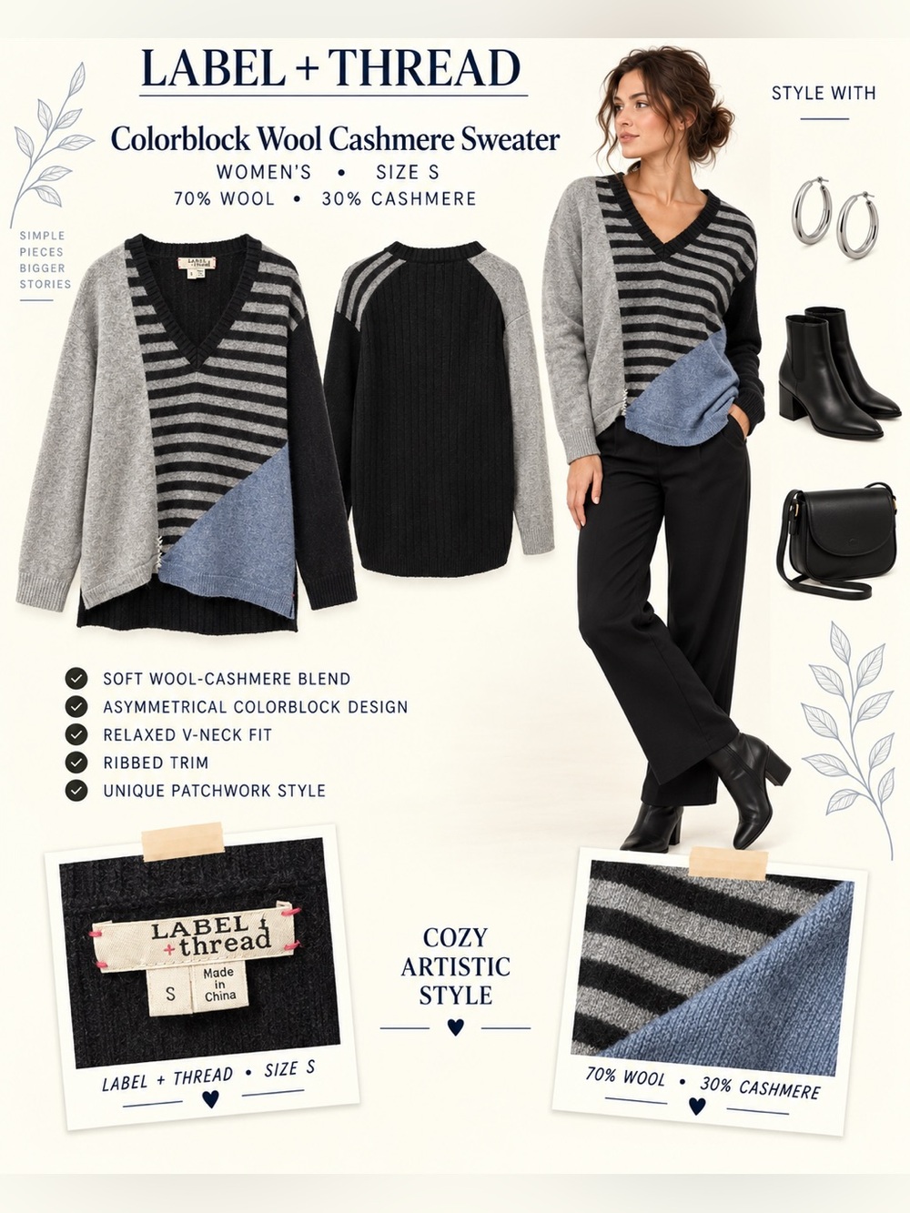 Women's Colorblock V-Neck Sweater in Gray/Black/Blue